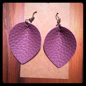 Purple teardrop handmade leather earrings